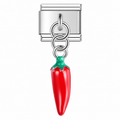 Red chilli dangle charm with a green top and silver-tone modular link on a white background