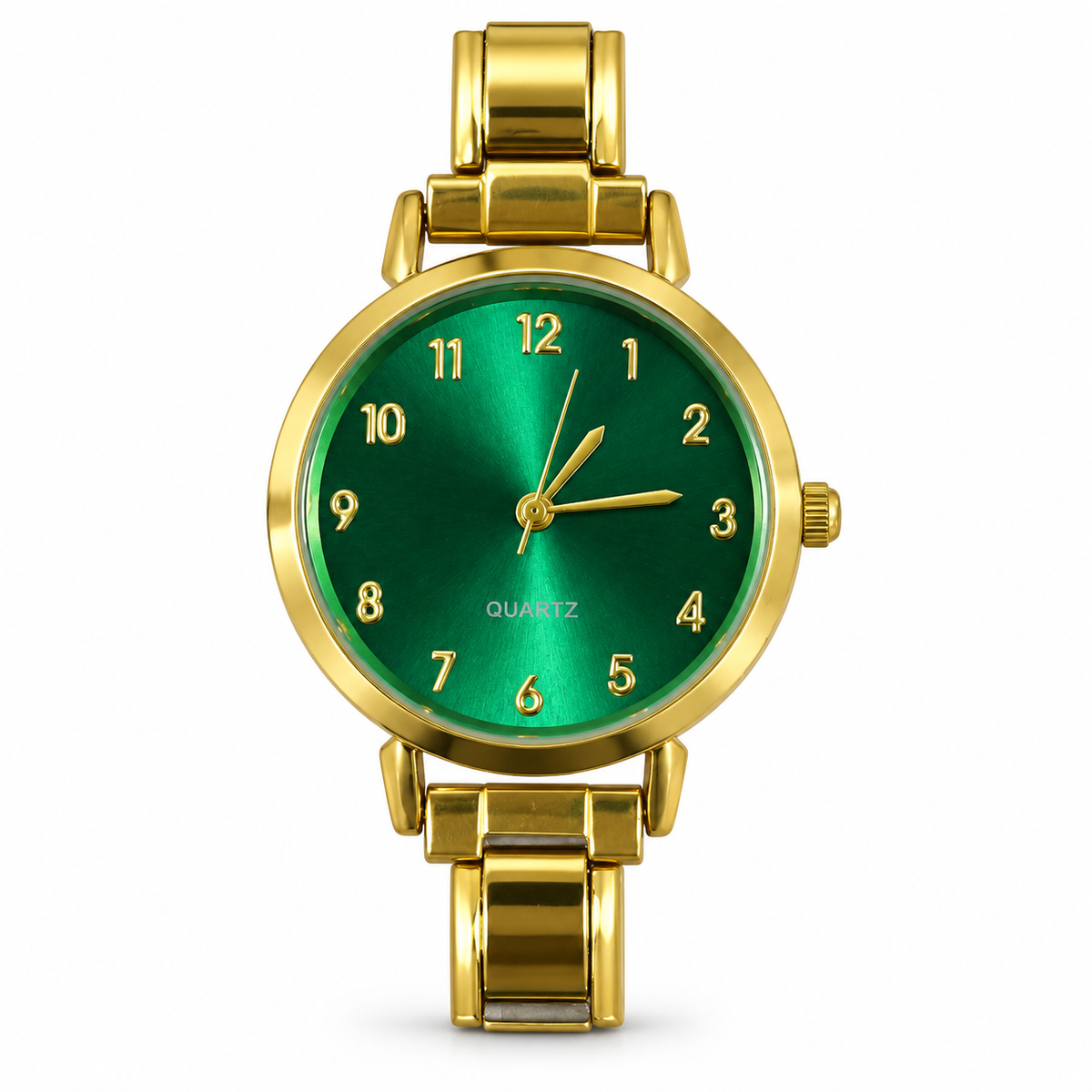 Clover watch head — emerald green dial, gold-tone round case