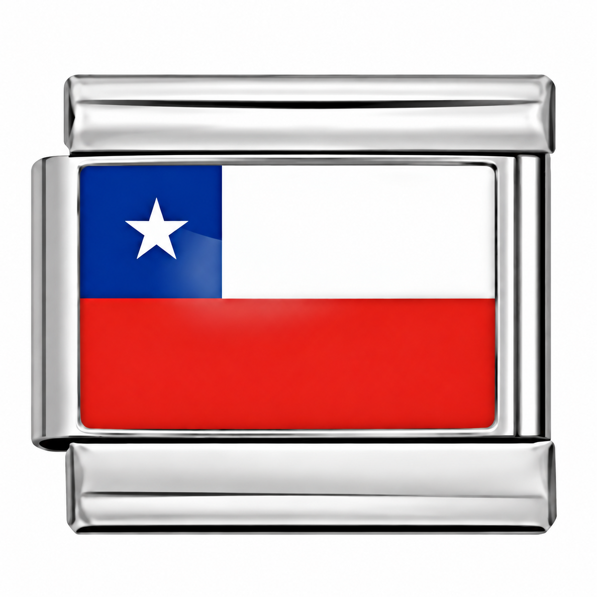 The Chilean flag on a silver-tone Italian charm link. White background.