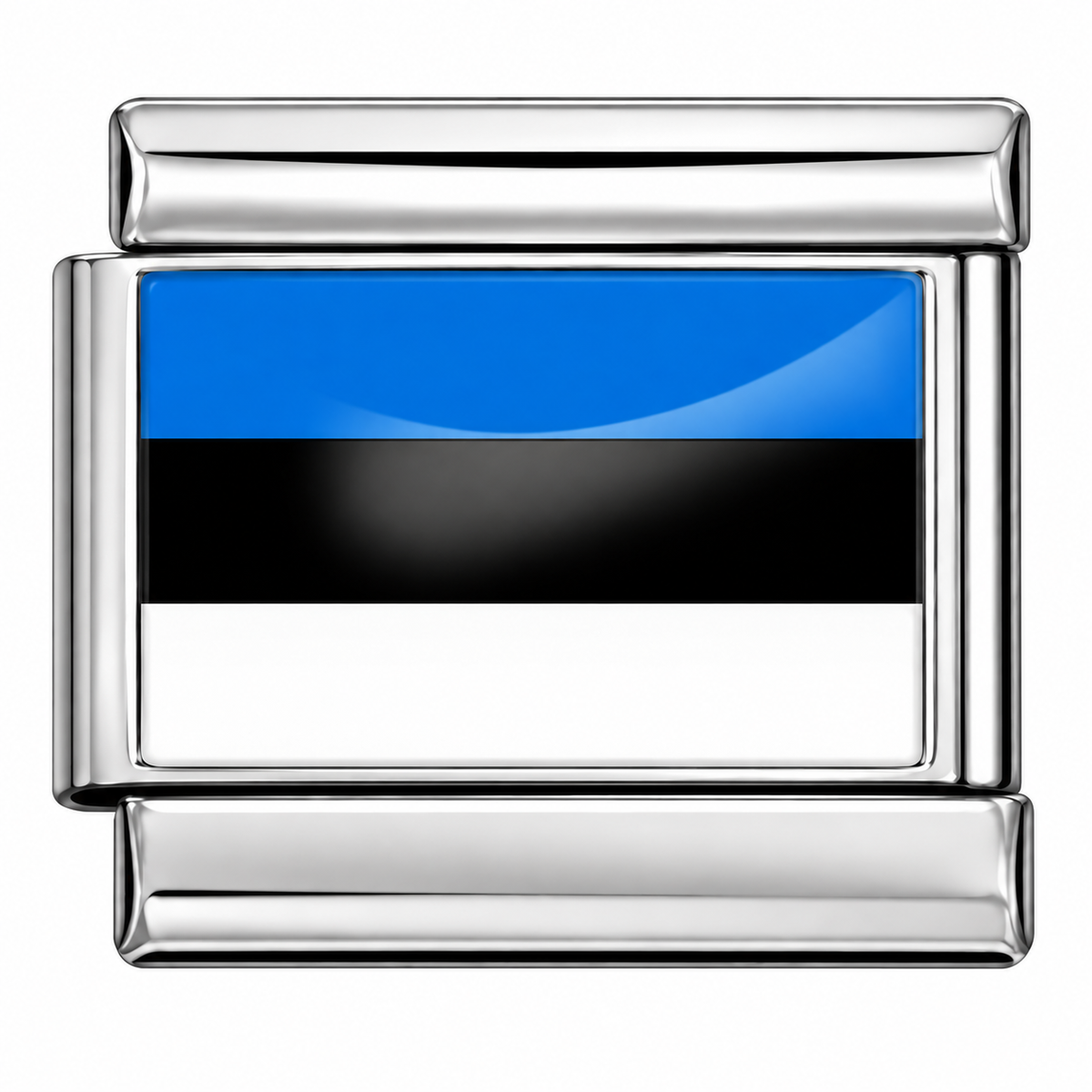 The Estonian flag on a silver-tone Italian charm link. White background.