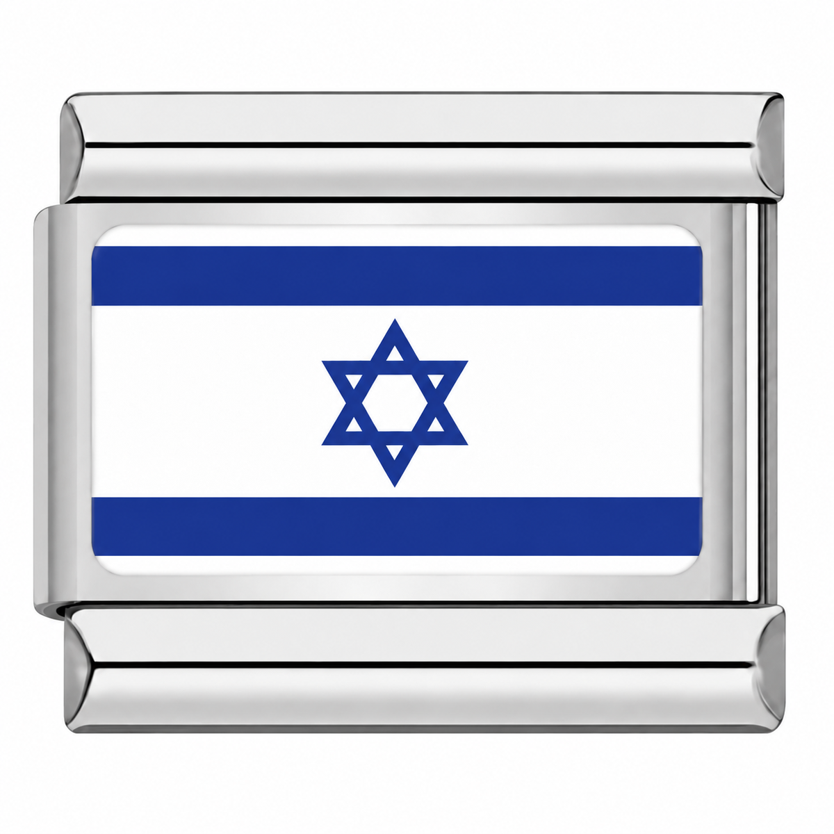 The Israeli flag on a silver-tone Italian charm link. White background.