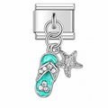 A turquoise flip-flop with sparkling details and a textured starfish, hanging from a silver-tone modular link. White background.