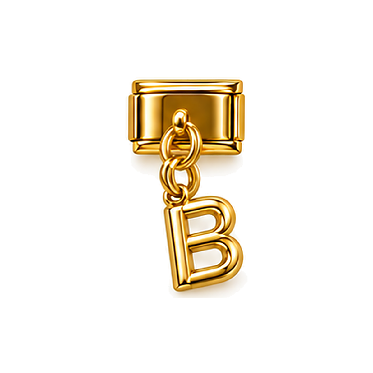 Gold letter B dangle charm on white background