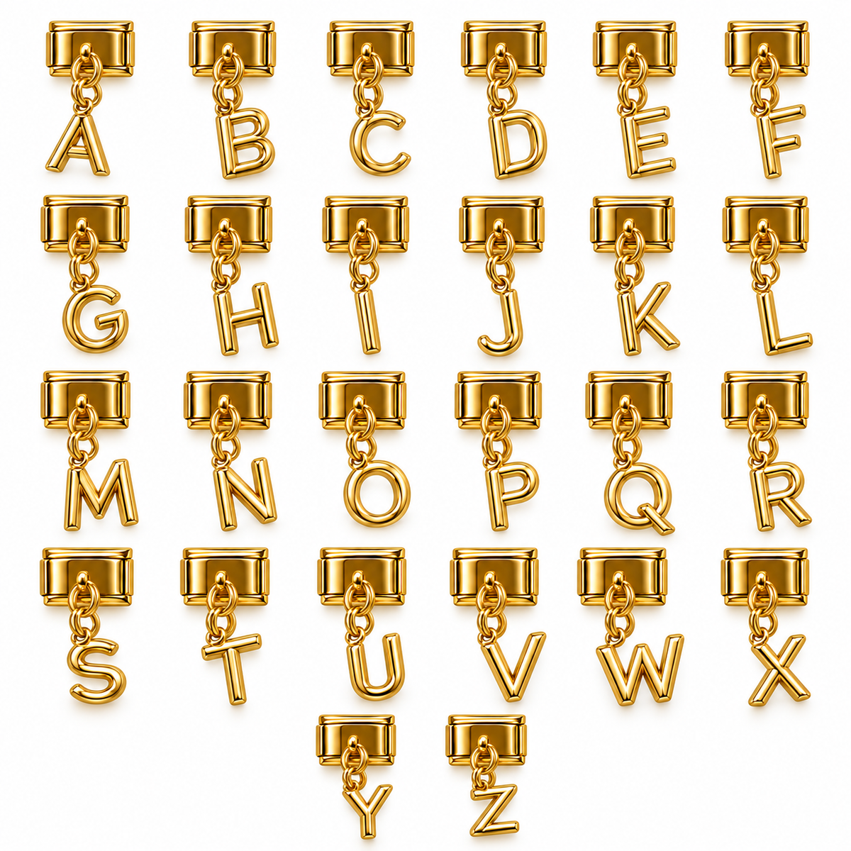 Gold letter dangle charms A-Z on white background