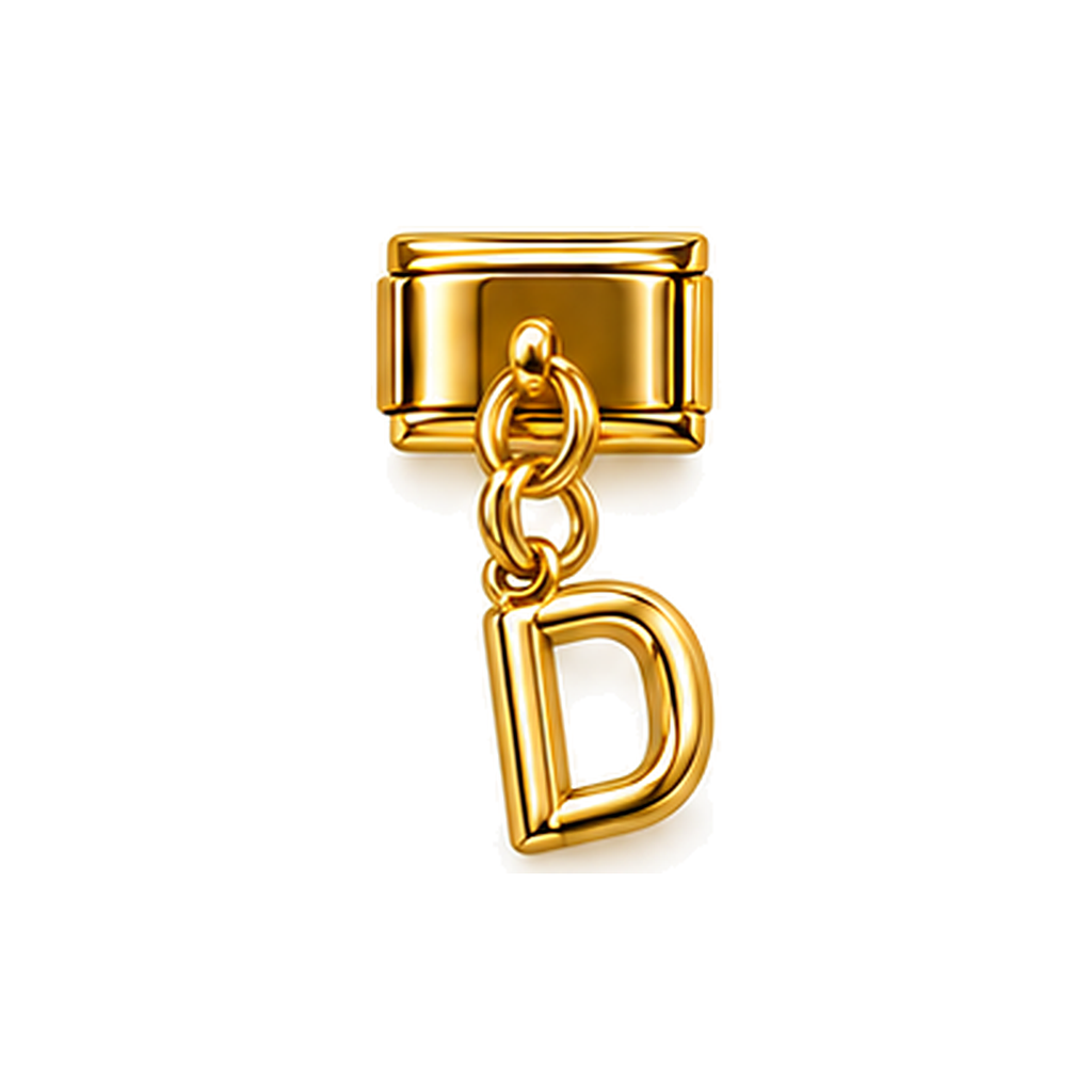 Gold letter D dangle charm on white background