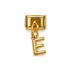 Gold letter E dangle charm on white background