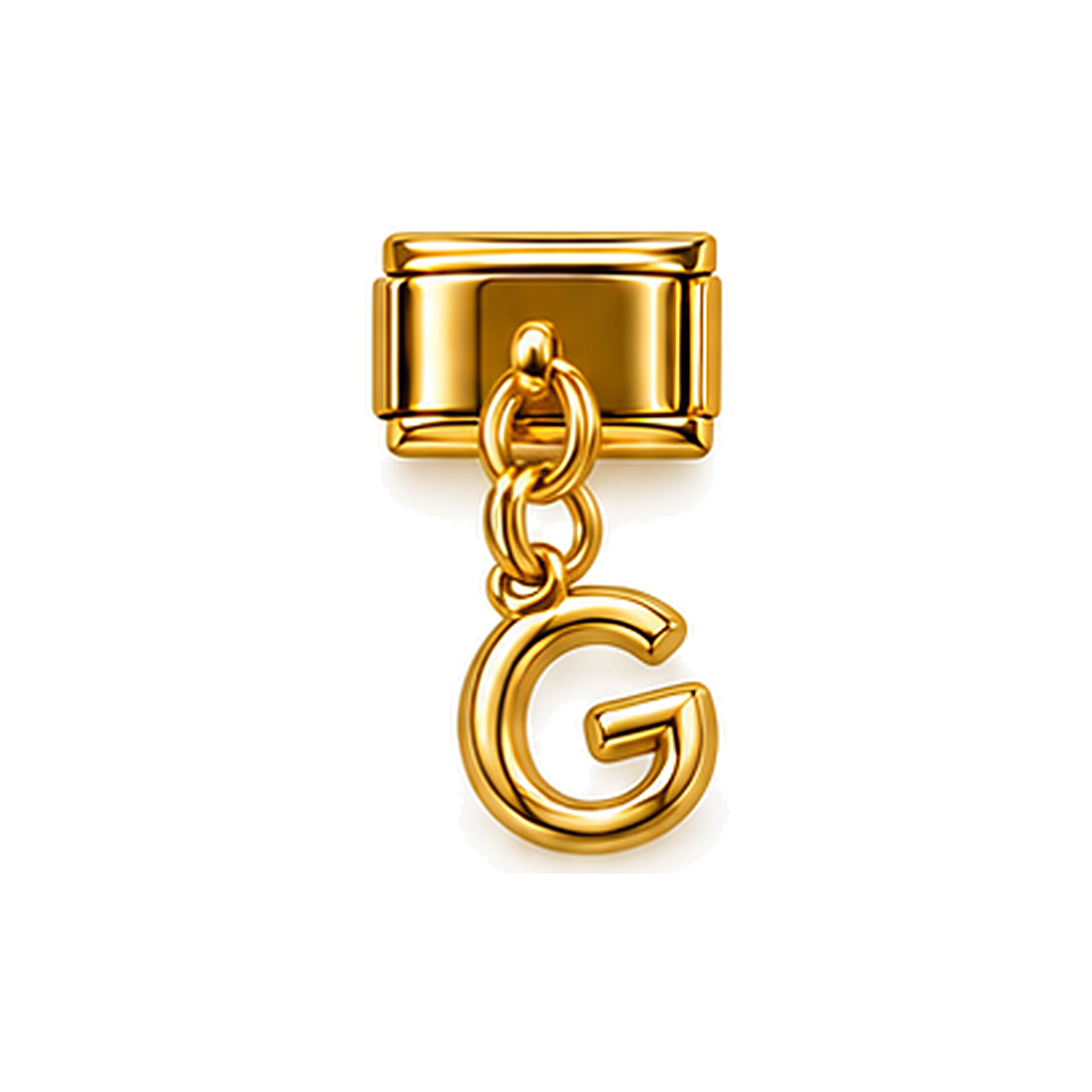 Gold letter G dangle charm on white background