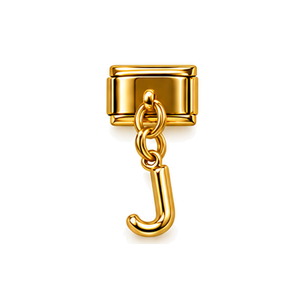 Gold letter J dangle charm on white background