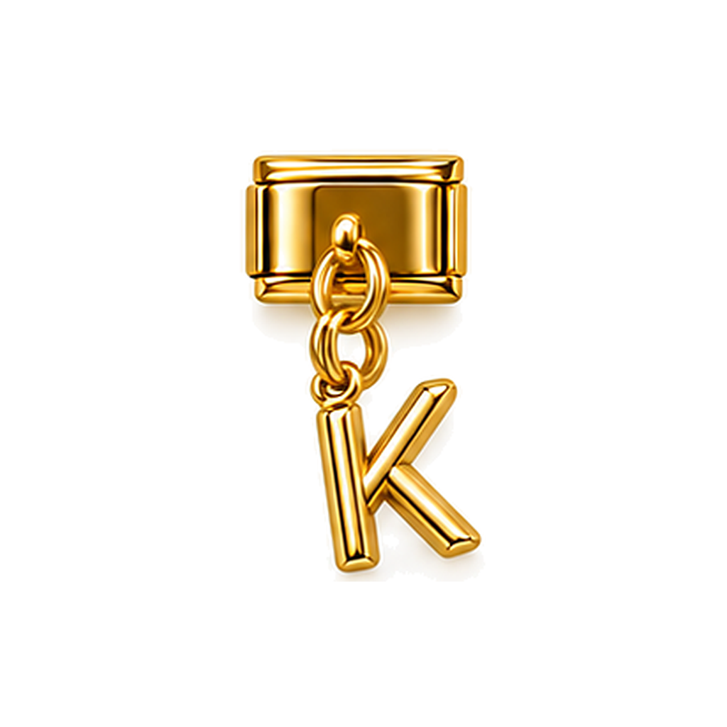 Gold letter K dangle charm on white background