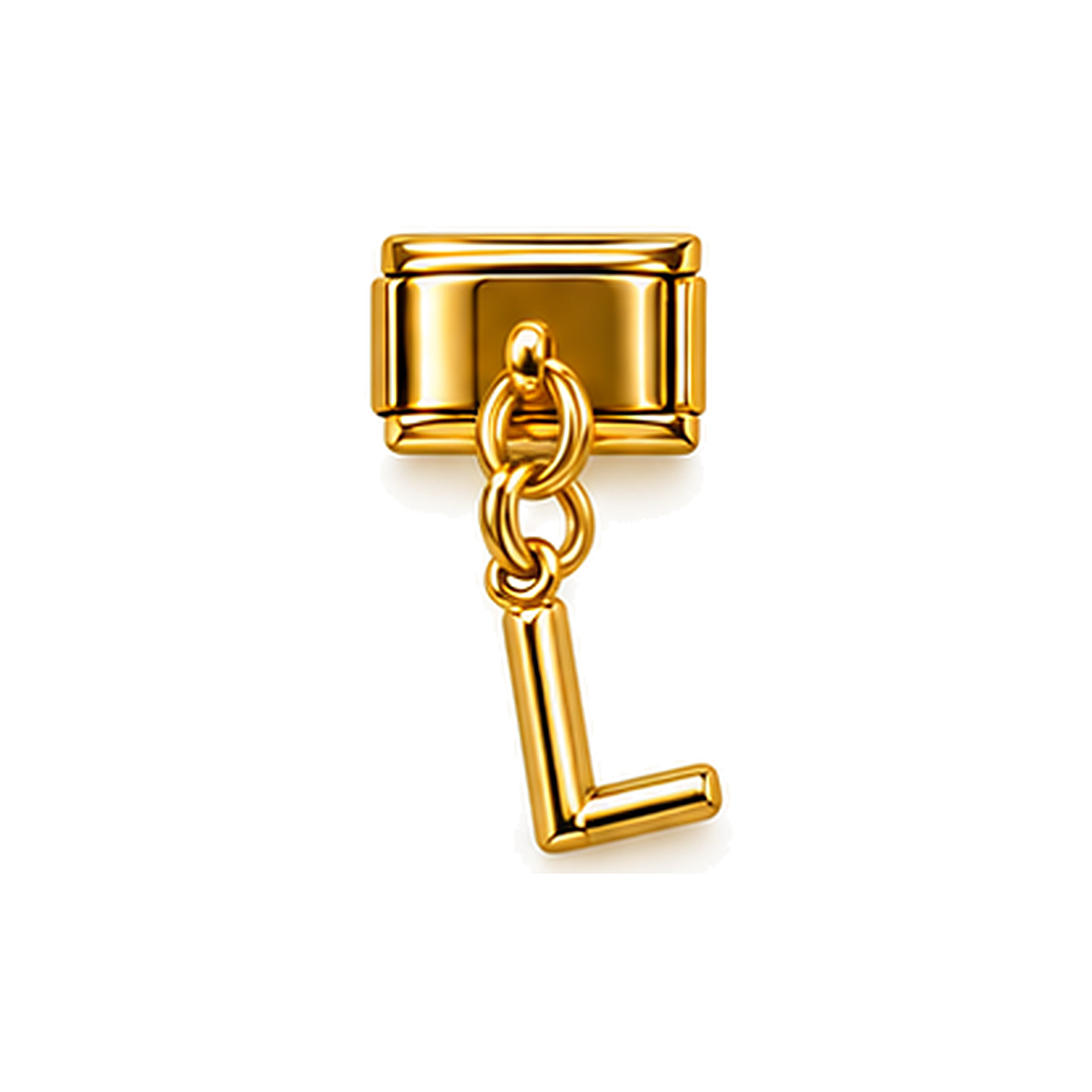 Gold letter L dangle charm on white background
