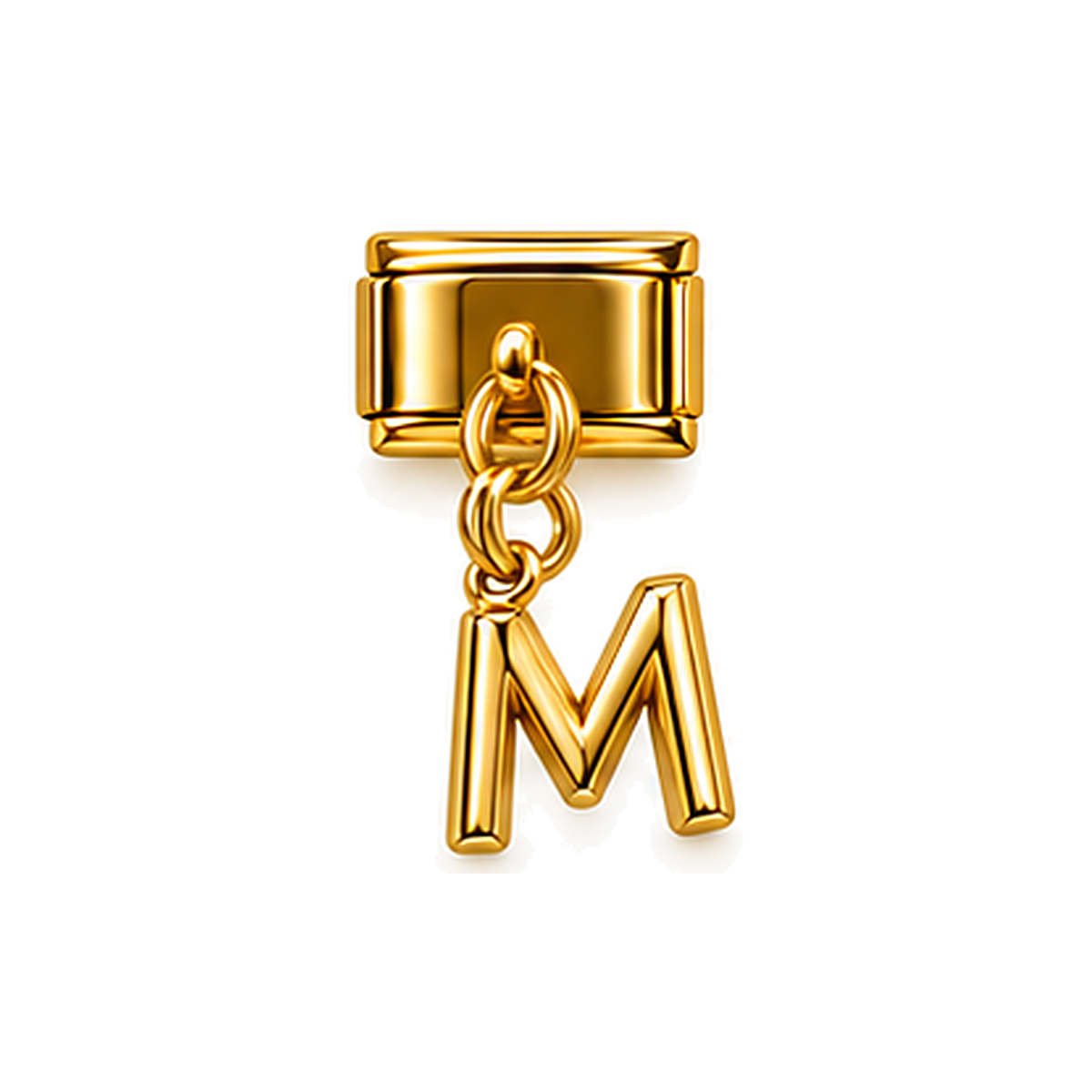 Gold letter M dangle charm on white background