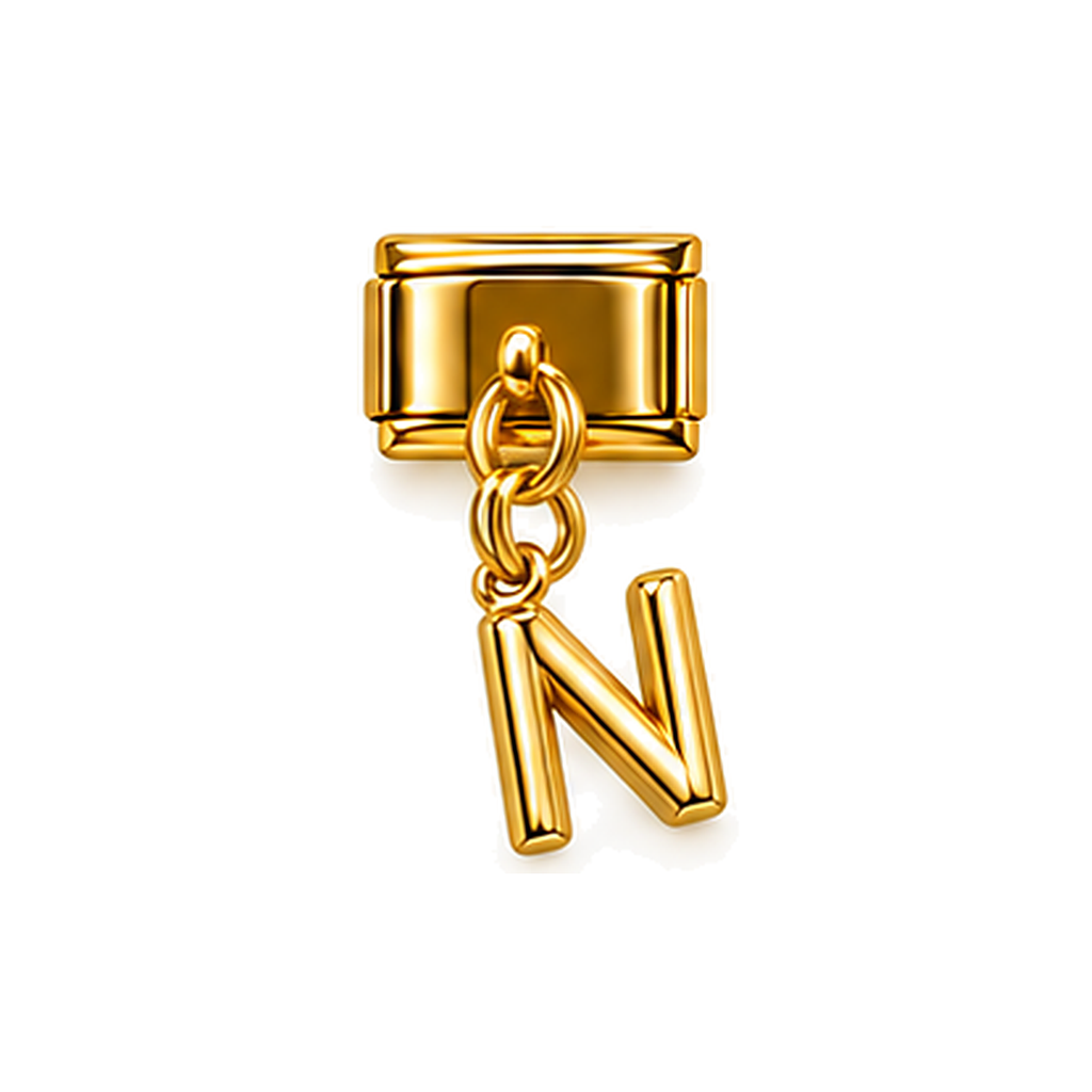 Gold letter N dangle charm on white background