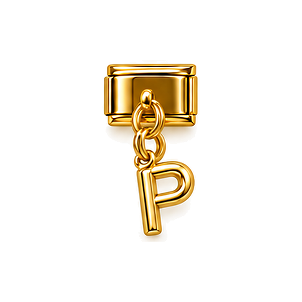 Gold letter P dangle charm on white background