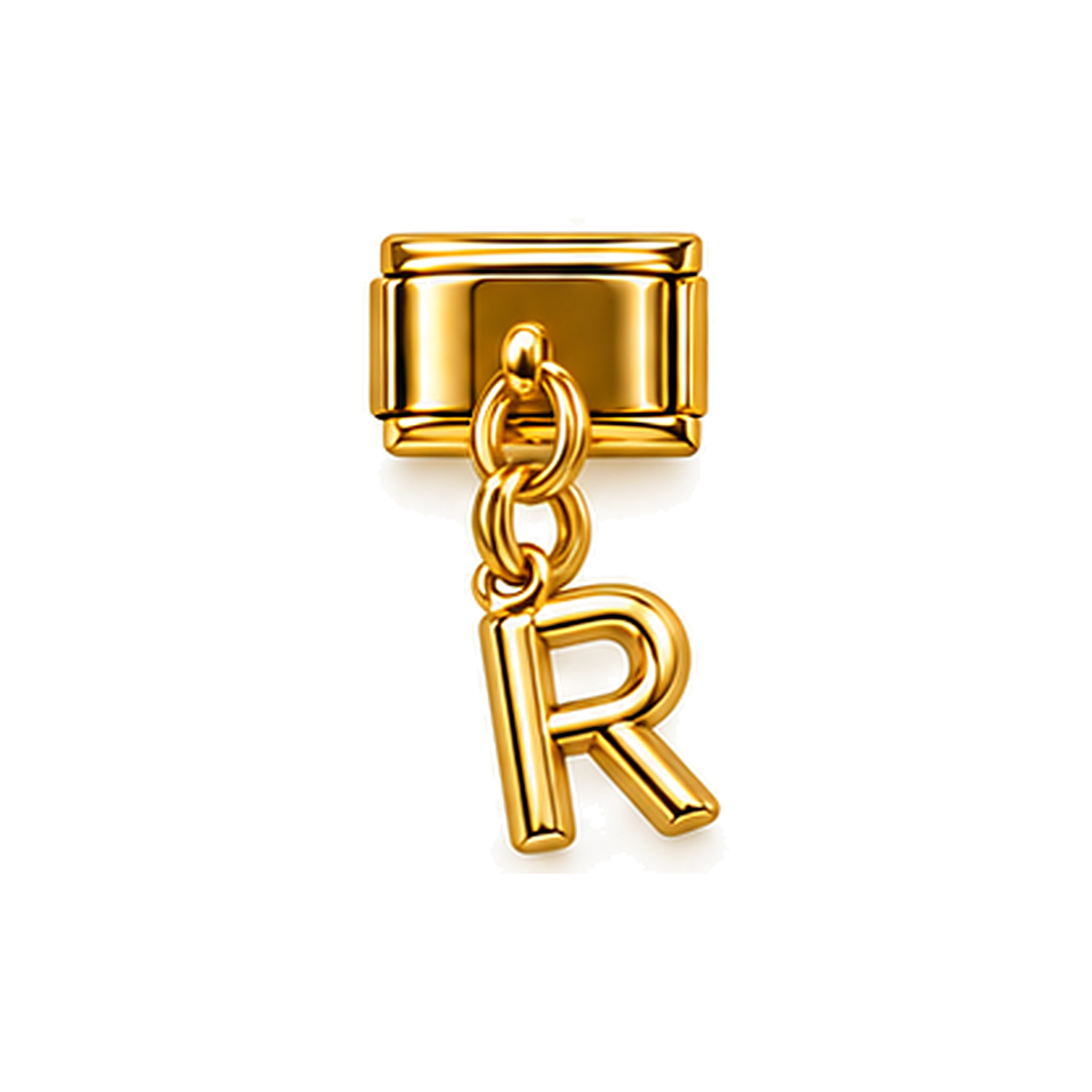 Gold letter R dangle charm on white background