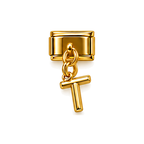 Gold letter T dangle charm on white background