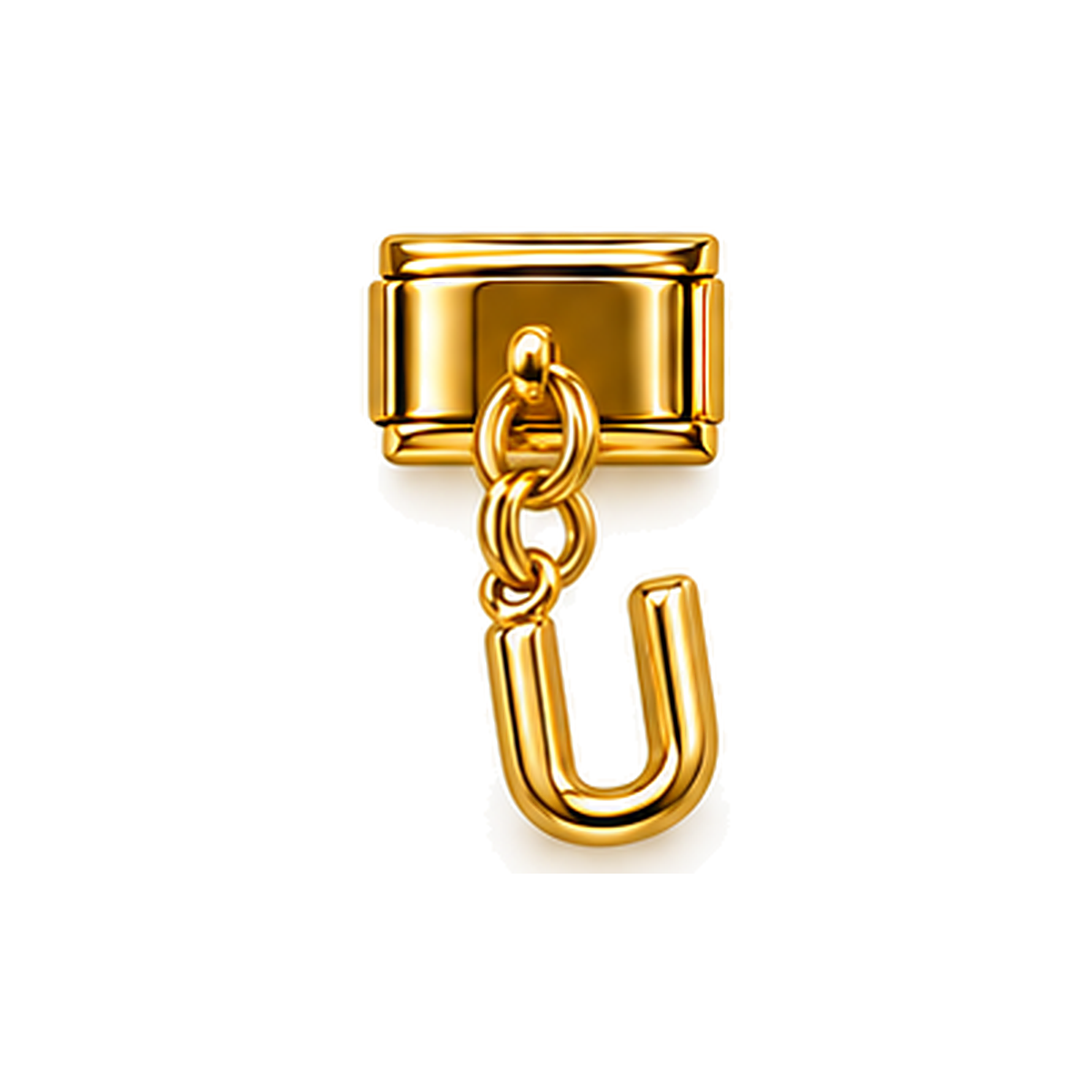 Gold letter U dangle charm on white background