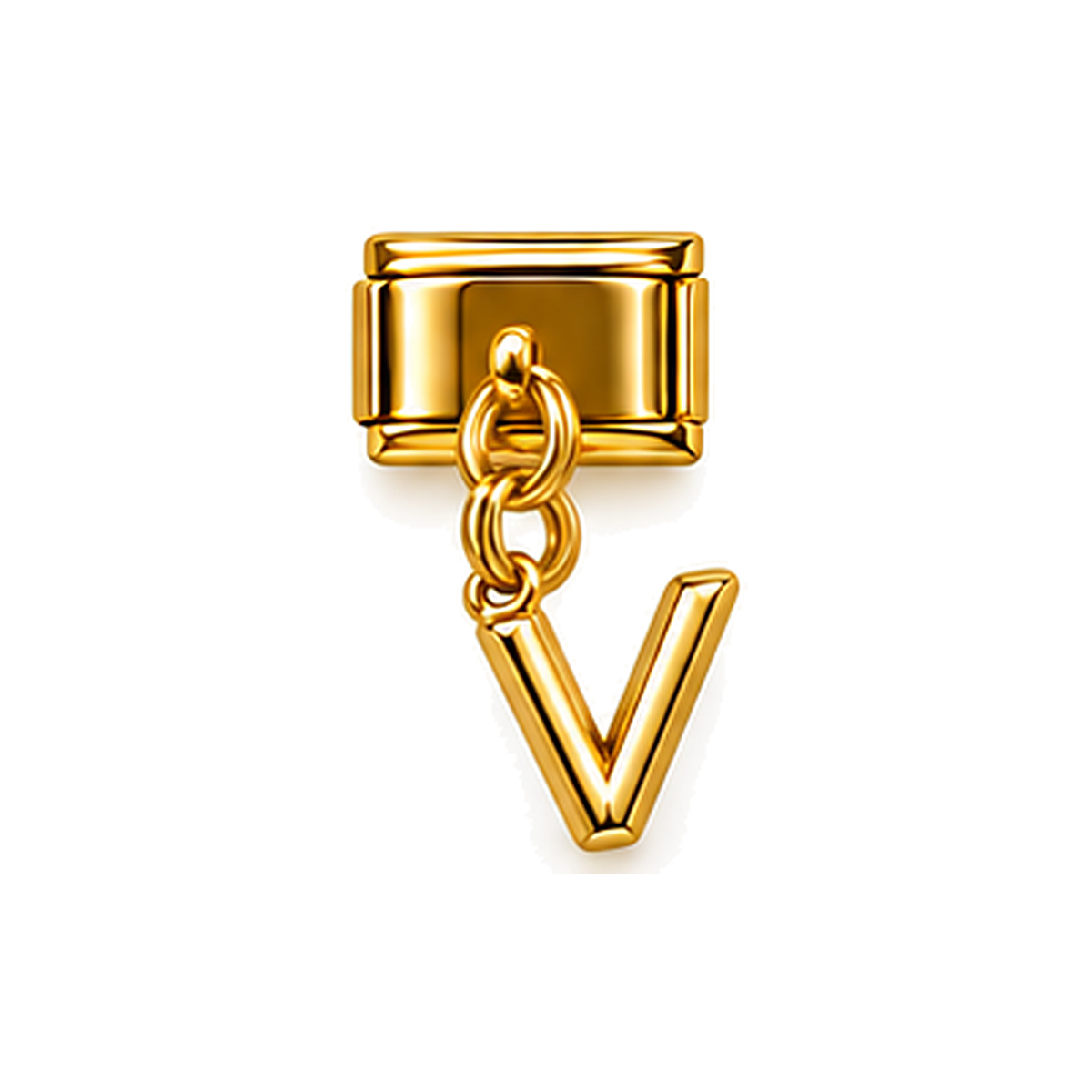 Gold letter V dangle charm on white background