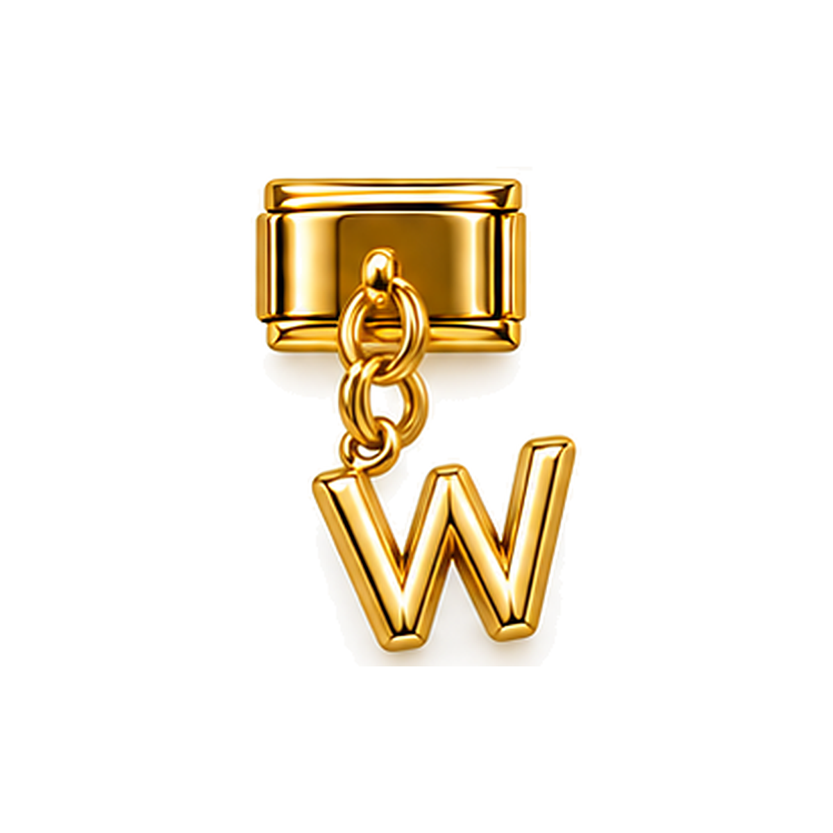 Gold letter W dangle charm on white background