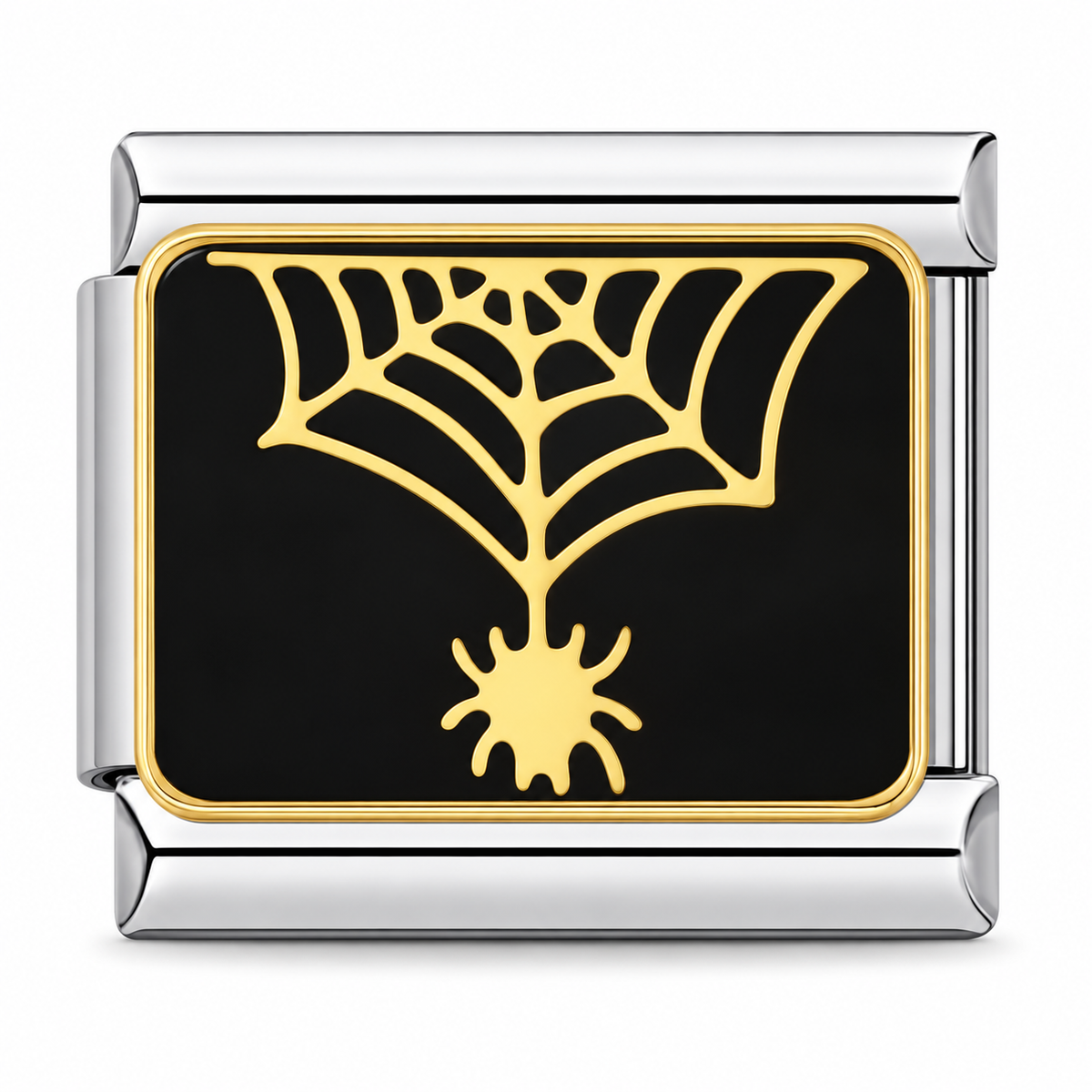 Hanging Spider charm in silver tone on a white background