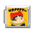 A cheerful cat with a red headscarf and HAPPY lettering on a yellow background.