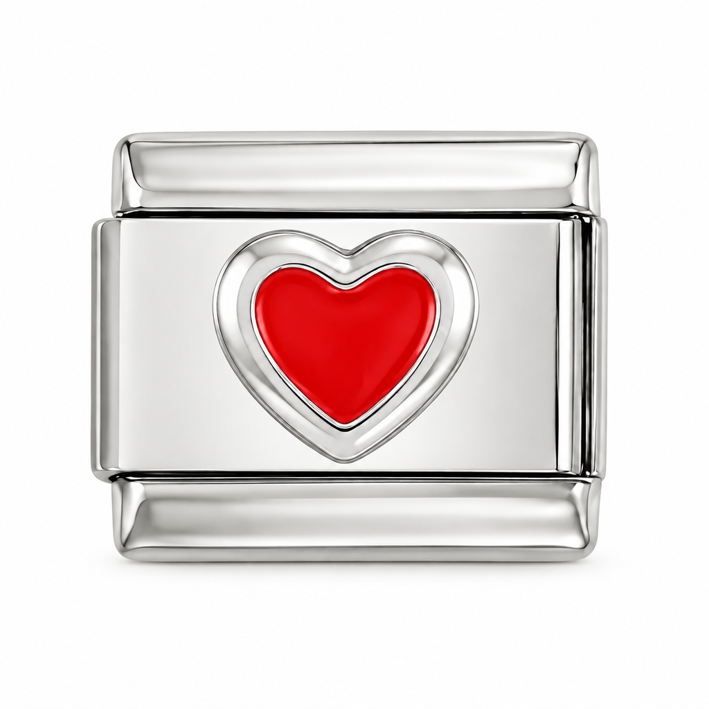 Red heart charm with a rounded silver bezel