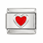 Red heart charm with a rounded silver bezel