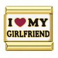 An I LOVE MY GIRLFRIEND message with a heart detail on a gold-tone link. White background.