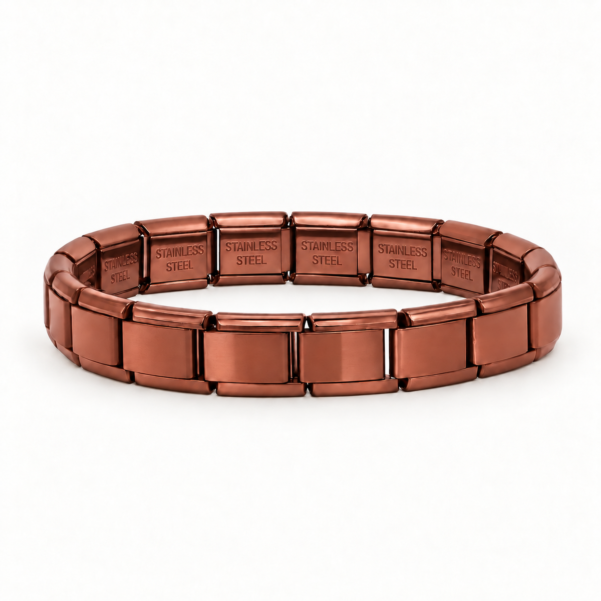 Reddish copper brown Italian charm bracelet with STAINLESS STEEL engraving on the inside