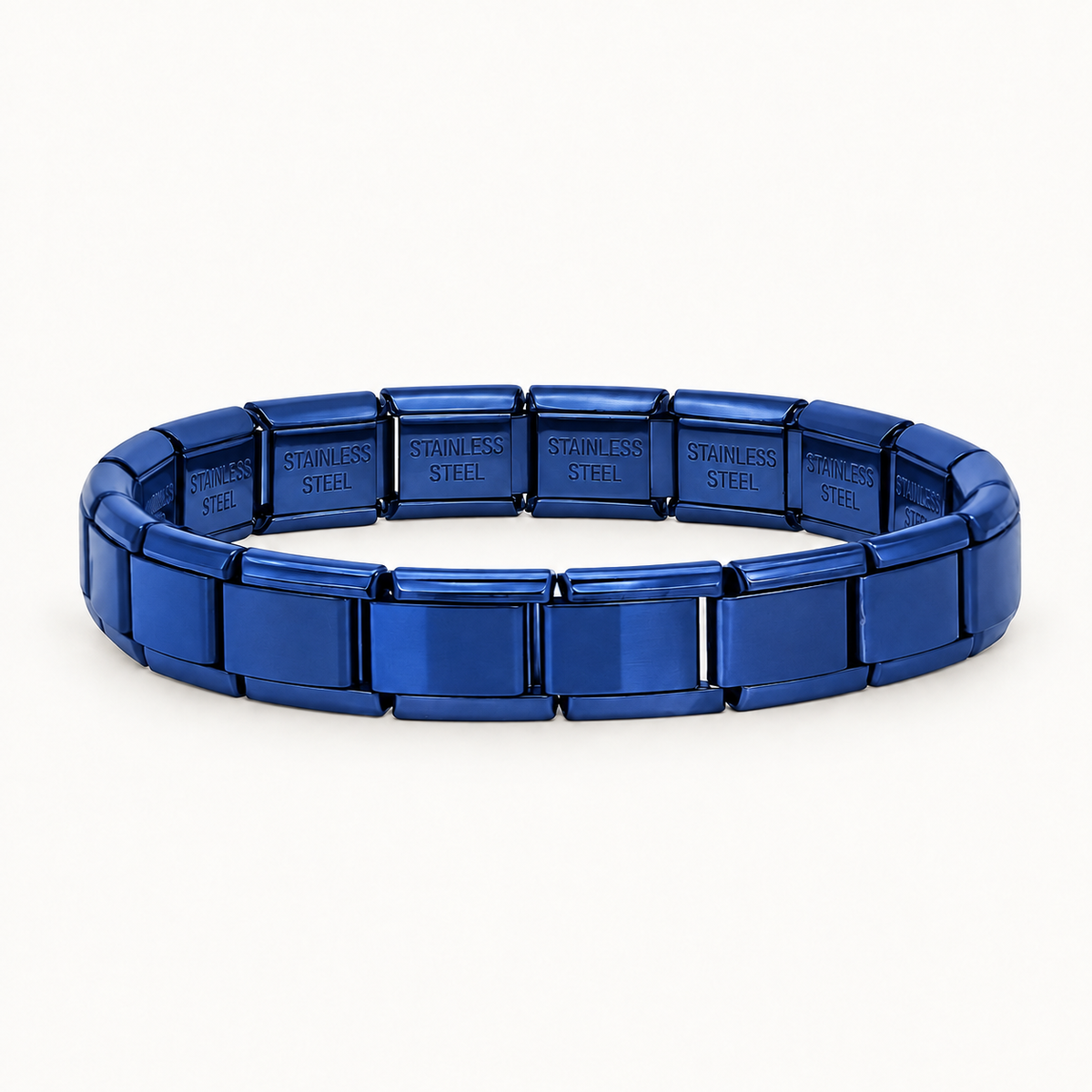 Dark Blue Italian charm bracelet, matching the existing bracelet orientation, with STAINLESS STEEL engraving on the inside