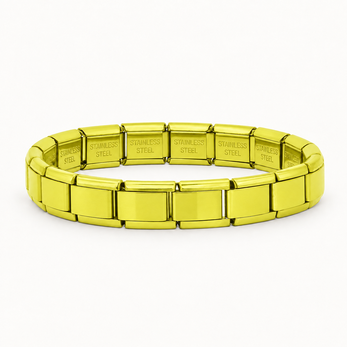 Yellow Italian charm bracelet, matching the existing bracelet orientation, with STAINLESS STEEL engraving on the inside