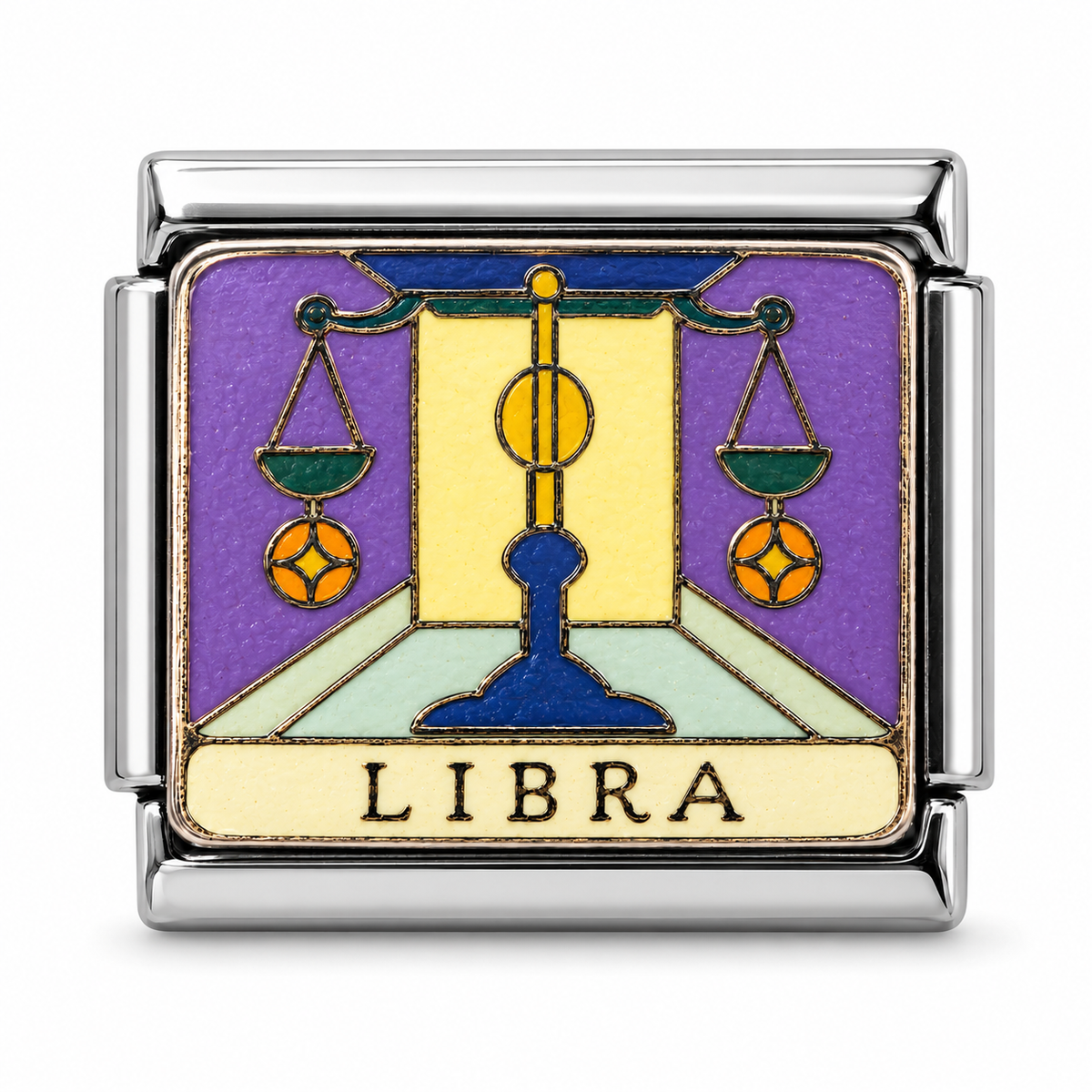 Libra illustrated zodiac charm on a silver-tone link, white background
