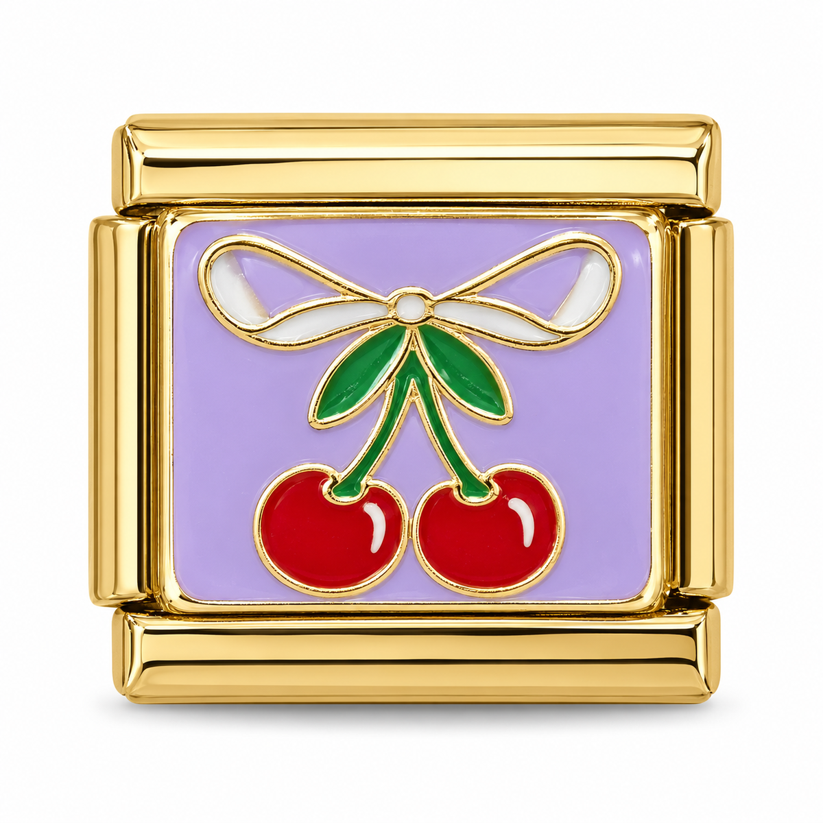 Lilac Bow Cherries on a gold-tone Italian charm link, white background