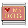 A pink tile with a heart and MY DOG lettering on a silver-tone link. White background.