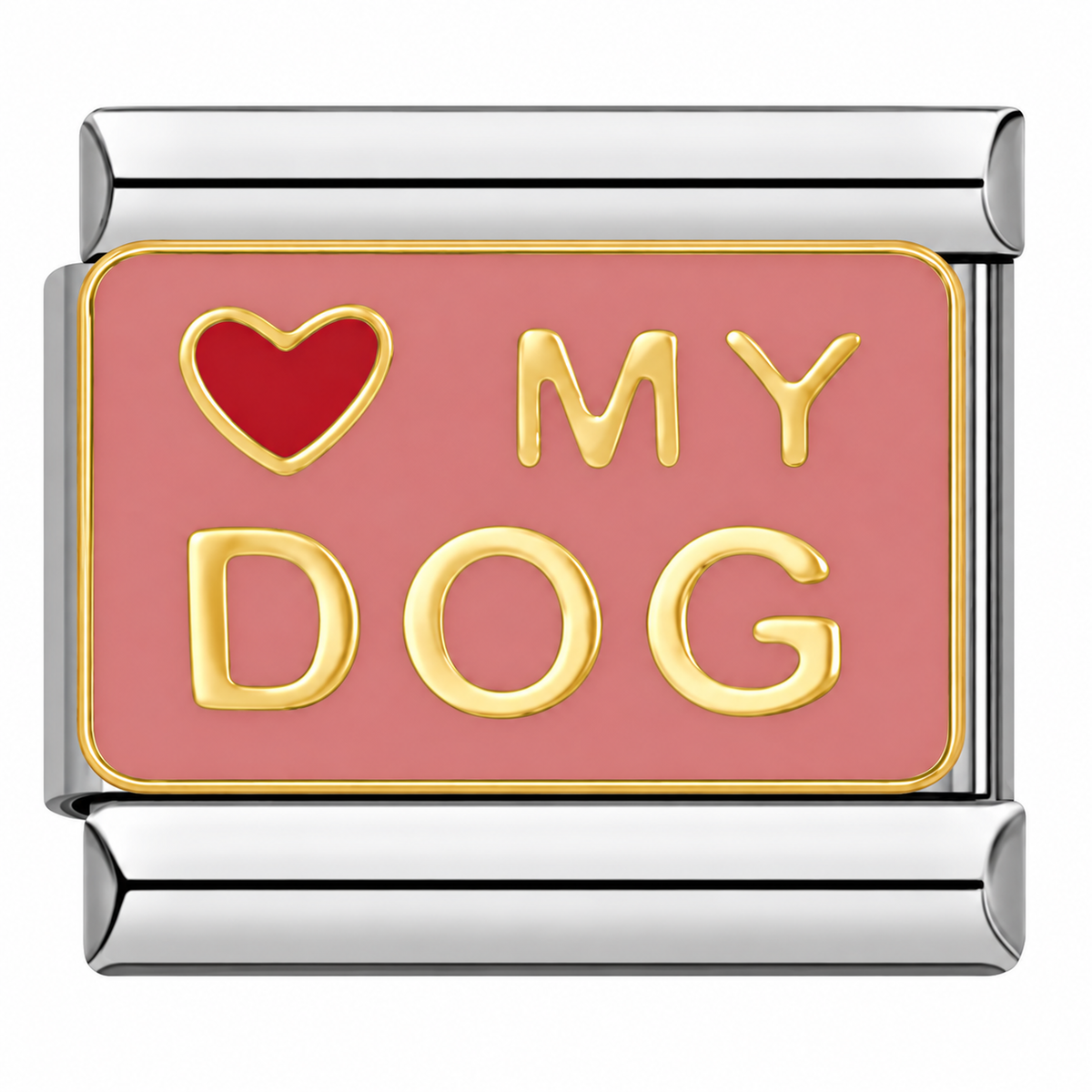 A pink tile with a heart and MY DOG lettering on a silver-tone link. White background.