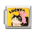 A playful cat with a pink bow and LUCKY lettering on a yellow background.
