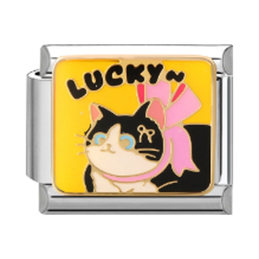 A playful cat with a pink bow and LUCKY lettering on a yellow background.
