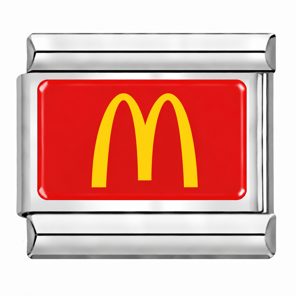 Silver-tone link charm with yellow McDonald's arches on a red background