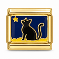 Midnight Cat on a gold-tone Italian charm link, white background