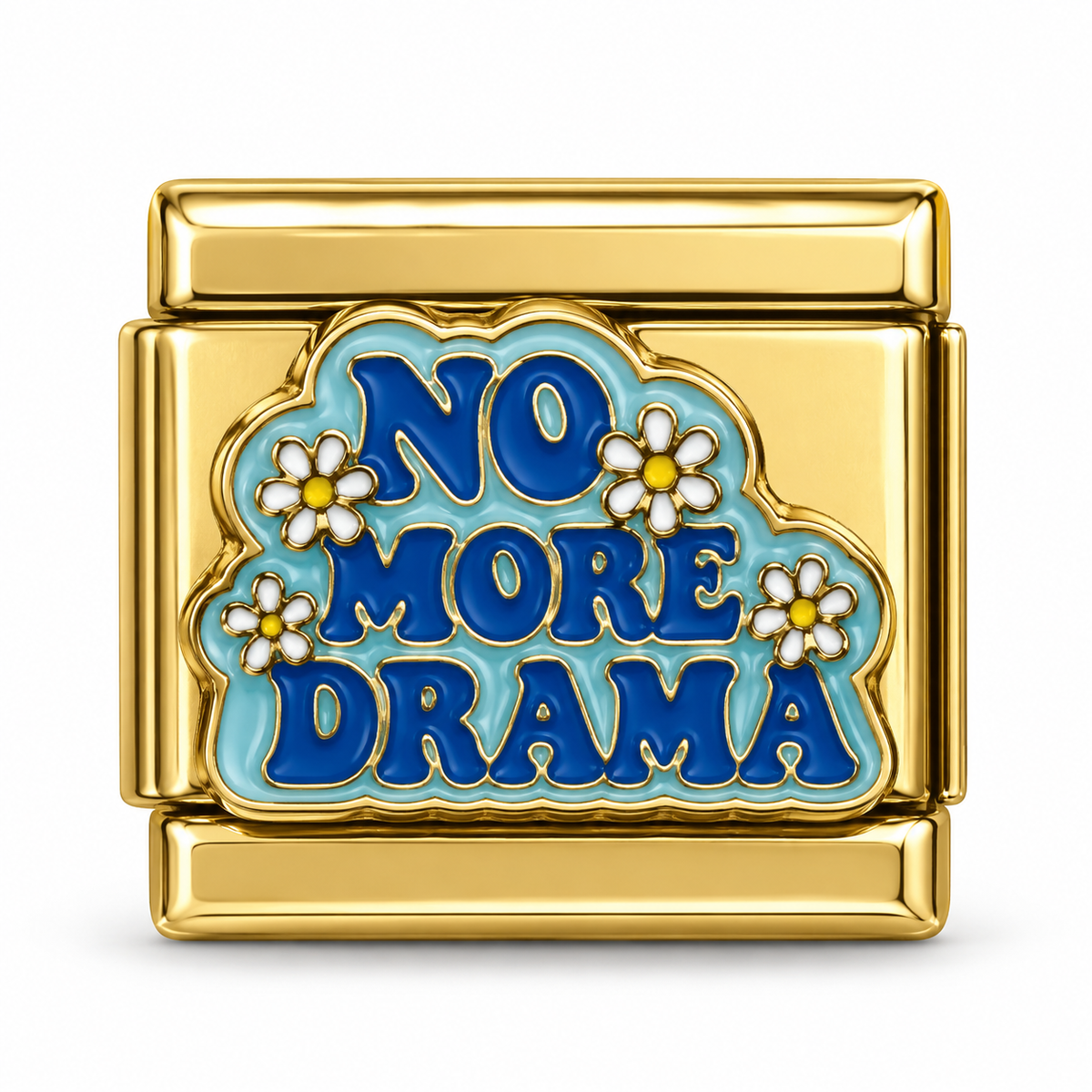 No More Drama on a gold-tone Italian charm link, white background