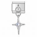 A silver-tone four-point star with an iridescent centre, suspended from a matching modular link. White background.