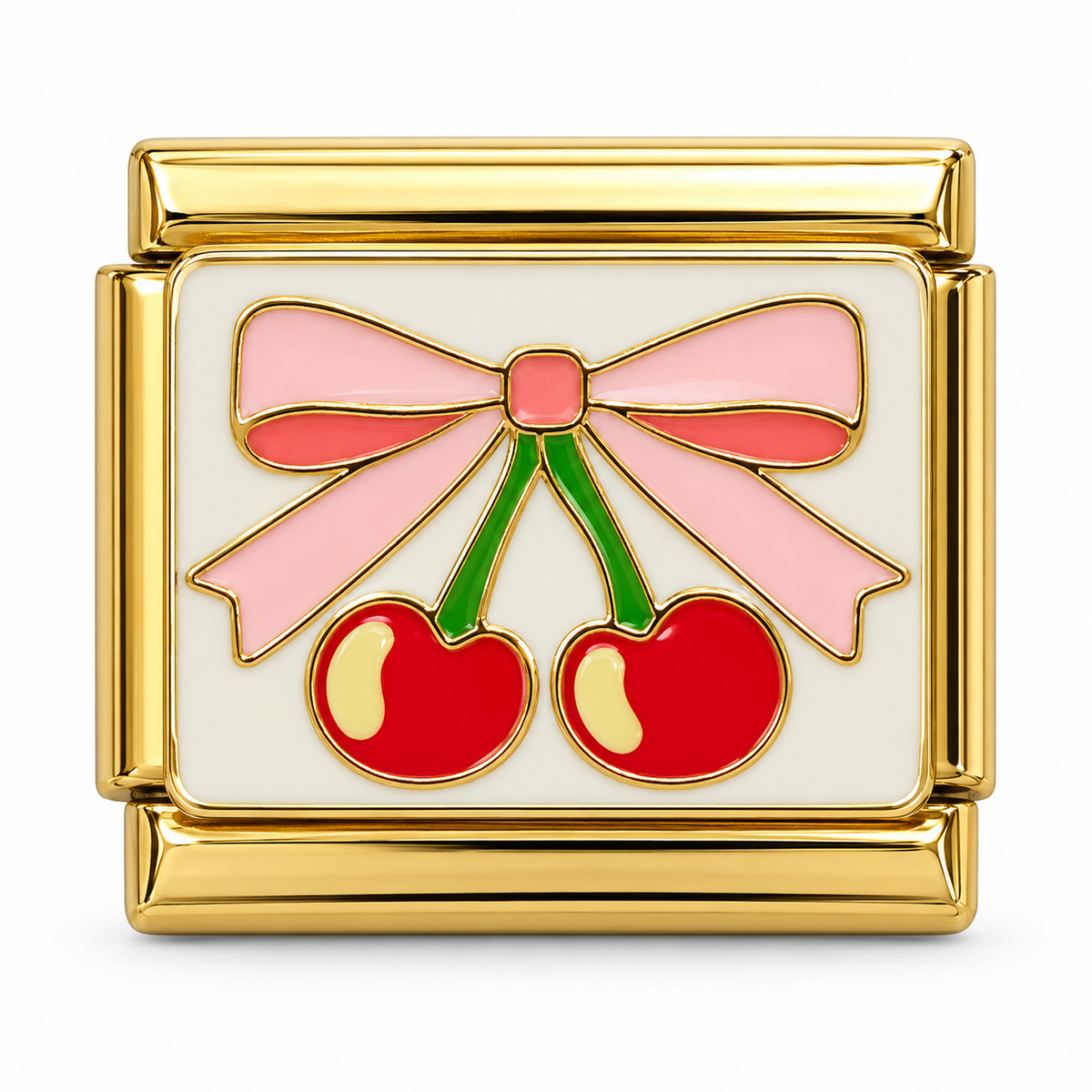 Pink Bow Cherries on a gold-tone Italian charm link, white background