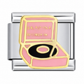 A pink record player with a black record on a silver-tone link. White background.