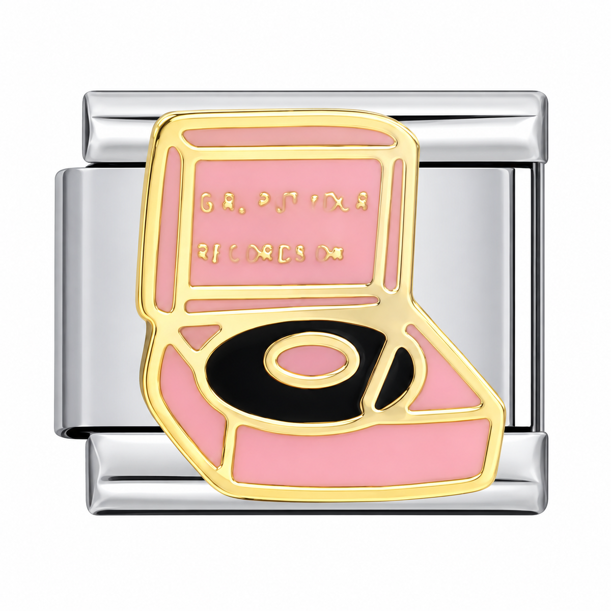 A pink record player with a black record on a silver-tone link. White background.