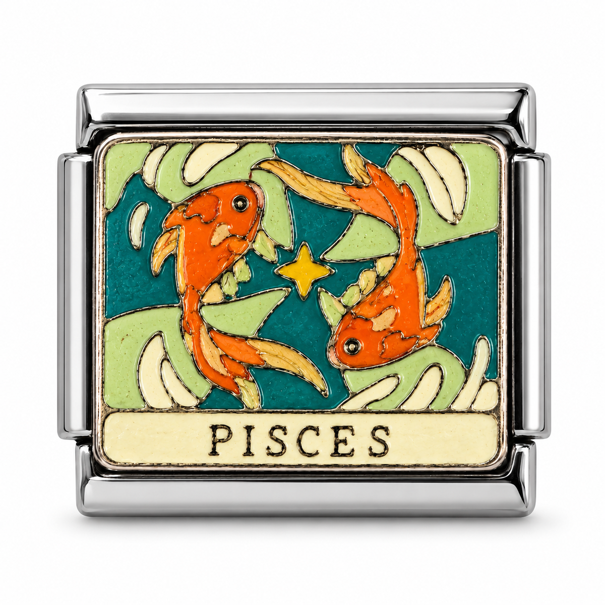 Pisces illustrated zodiac charm on a silver-tone link, white background