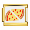 Two pizza slices with heart-shaped toppings on a gold-tone link. White background.