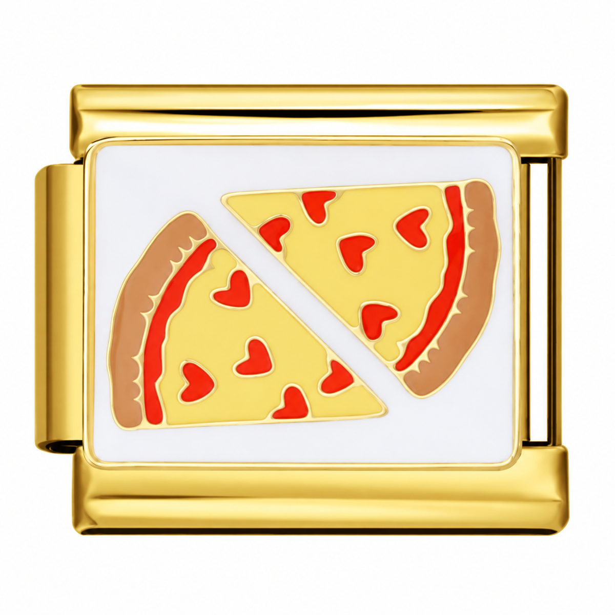 Two pizza slices with heart-shaped toppings on a gold-tone link. White background.