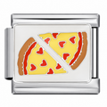 Two pizza slices with heart-shaped toppings on a silver-tone link. White background.
