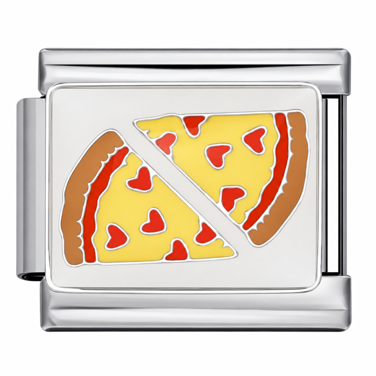 Two pizza slices with heart-shaped toppings on a silver-tone link. White background.