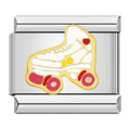 A white roller skate with pink wheels and gold-tone details on a silver-tone Italian charm link.