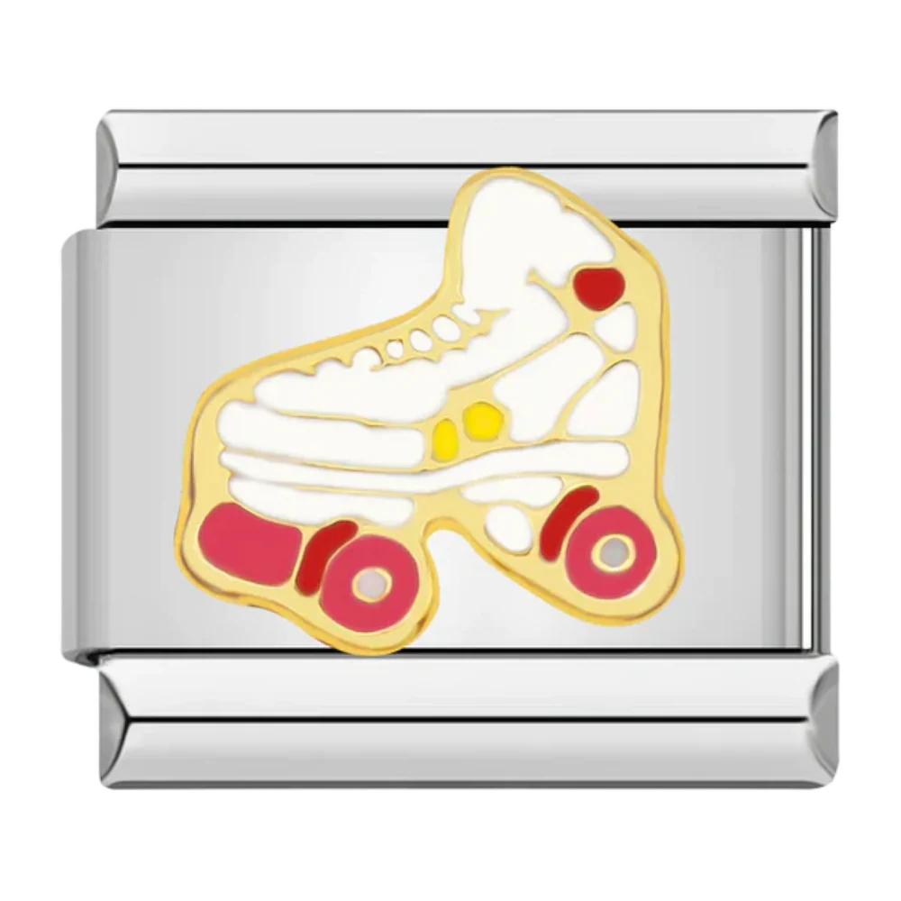 A white roller skate with pink wheels and gold-tone details on a silver-tone Italian charm link.